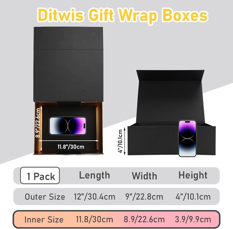 Ditwis 12x9x4 Inches Gift Box with Magnetic Closure Lid, Black-Gold Magnetic Box for Wedding, Groomsmen Bridesmaid Proposal, Birthdays, Mother's Day - Image 3